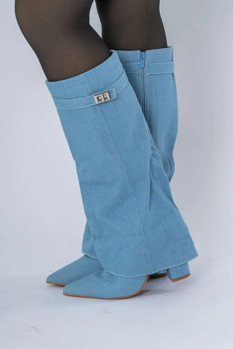 Bottes hautes denim à talon cadenas bleu