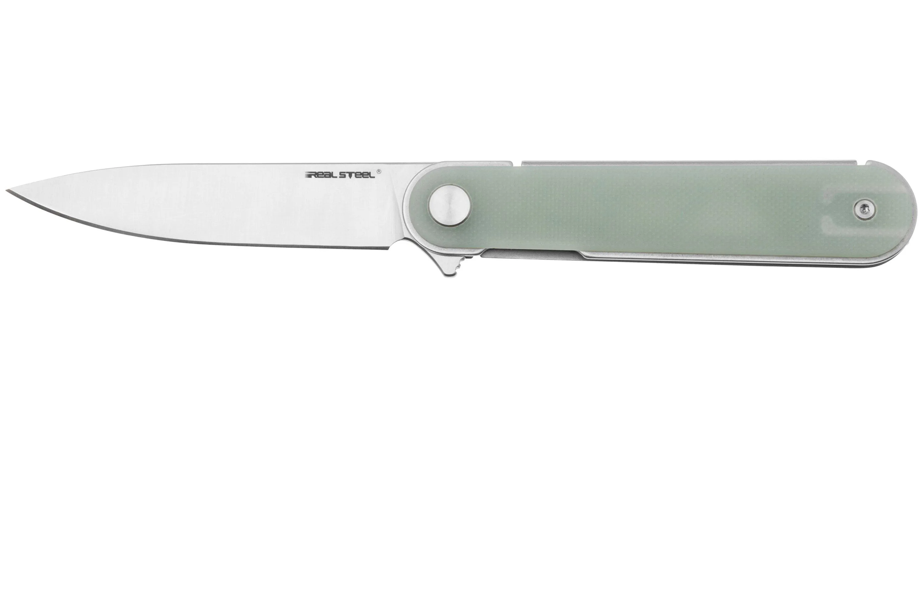 Real Steel Iris Flipper 8061AN Satin 12C27, Natural G10, couteau de poche